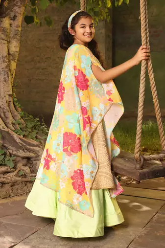 Green anarkali with printed cape