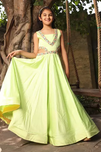 Green anarkali with printed cape