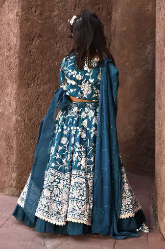 Teal blue parsi work lehenga set