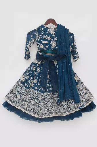 Teal blue parsi work lehenga set