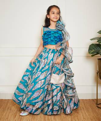 Teal blue embroidered lehenga set 1