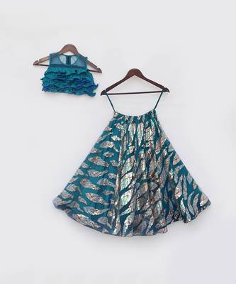 Teal blue embroidered lehenga set 3