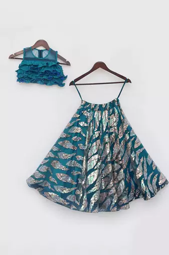 Teal blue embroidered lehenga set