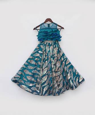 Teal blue embroidered lehenga set 4