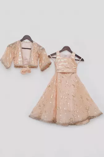 Peach sequence embroidery jacket lehenga set