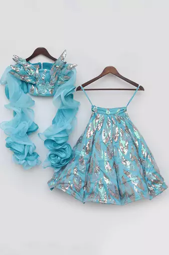 Sky blue embroidery skirt set