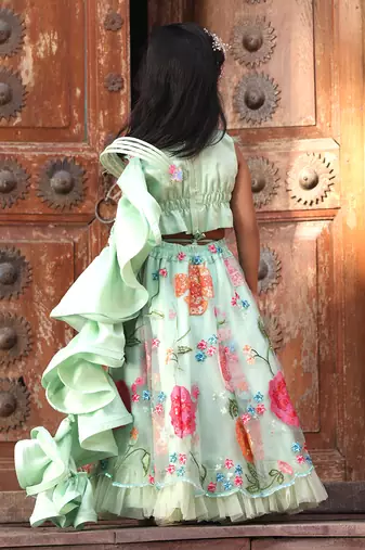 Pista green embroidered skirt set
