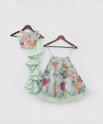 Pista green embroidered skirt set 3