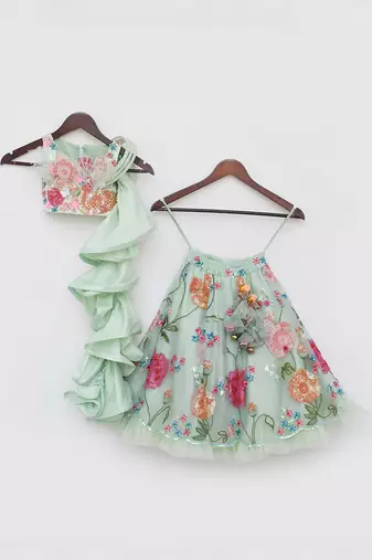 Pista green embroidered skirt set