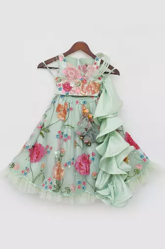 Pista green embroidered skirt set