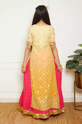 Yellow bandhaj kurti with crinkle skirt