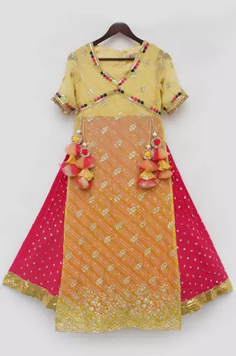 Yellow bandhaj kurti with crinkle skirt
