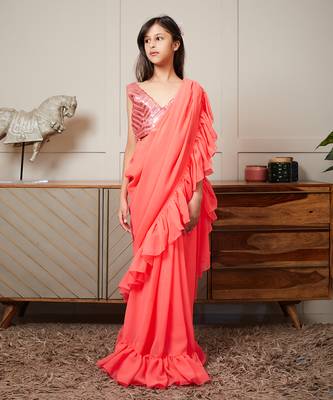 Coarl peach embroidered stitched saree set 1