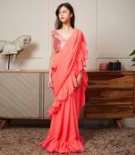 Coarl peach embroidered stitched saree set
