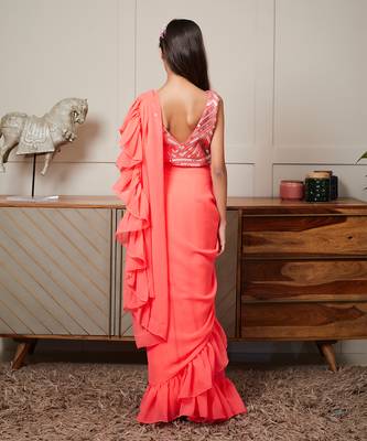Coarl peach embroidered stitched saree set 2
