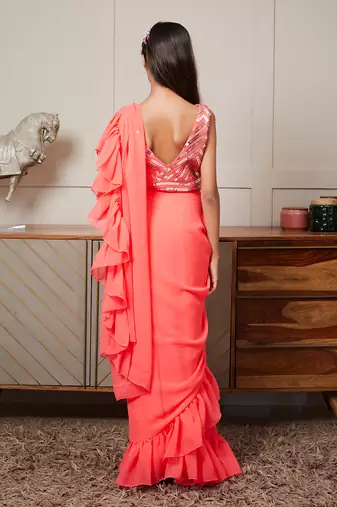 Coarl peach embroidered stitched saree set