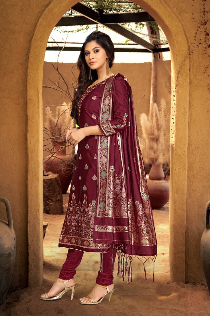 Trendmalls Maroon Silk Party Wear Kurta Pant with Dupatta Salwar Suit Set