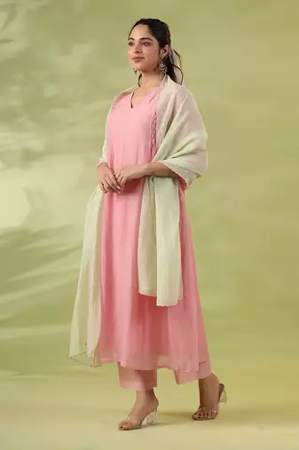 Pink mistyrose smocked kurta set