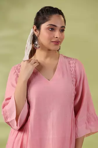 Pink mistyrose smocked kurta set