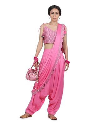 Pink Ajooni Pant Saree Set 1