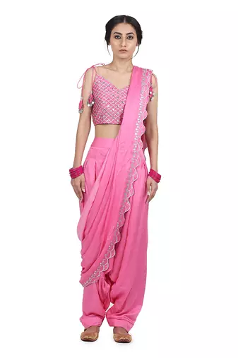 Pink Ajooni Pant Saree Set