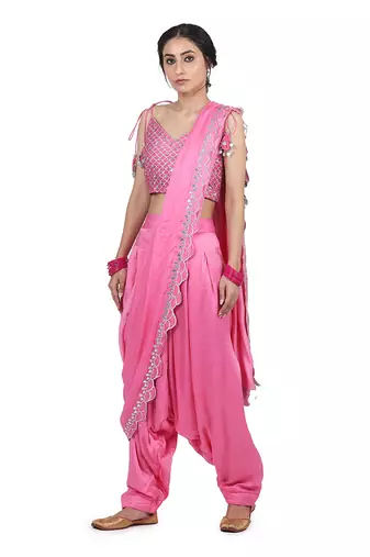 Pink Ajooni Pant Saree Set