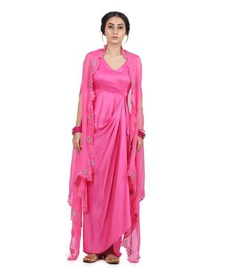 Pink Gulab:Draped Dress With Cape 1