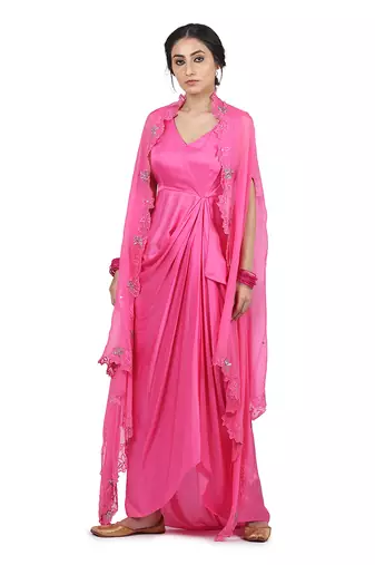 Pink Gulab:Draped Dress With Cape