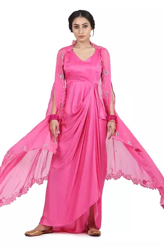 Pink Gulab:Draped Dress With Cape