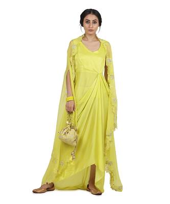 Electric Yellow Aruni:Draped Dress With Cape 1