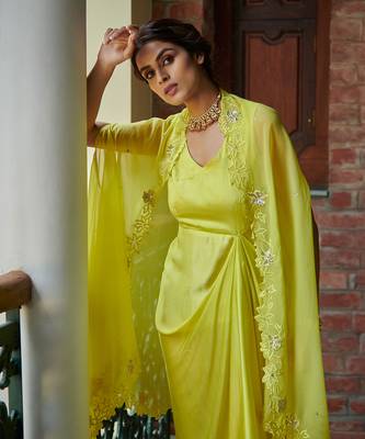 Electric Yellow Aruni:Draped Dress With Cape 2