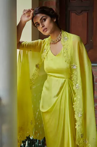 Electric Yellow Aruni:Draped Dress With Cape