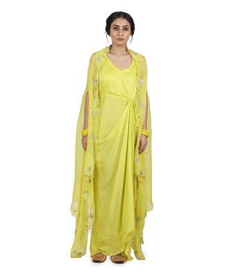 Electric Yellow Aruni:Draped Dress With Cape 4