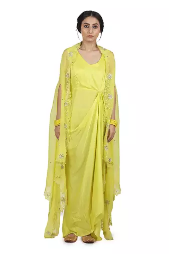 Electric Yellow Aruni:Draped Dress With Cape