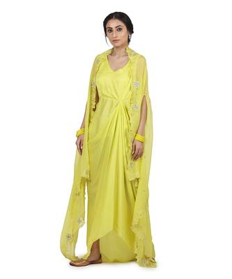 Electric Yellow Aruni:Draped Dress With Cape 5
