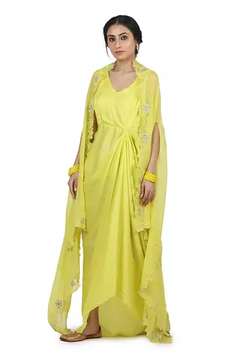 Electric Yellow Aruni:Draped Dress With Cape