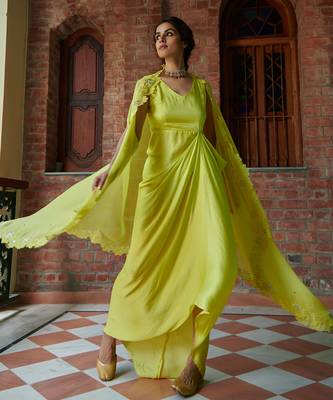 Electric Yellow Aruni:Draped Dress With Cape 7