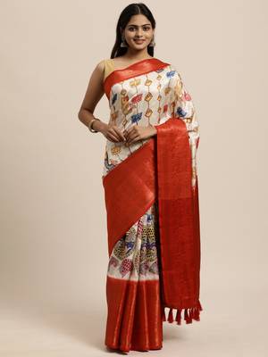 Beautiful Off White Color Kalamkari Digital Print Saree With Heavy Rich Zari & Red Color Blouse 1