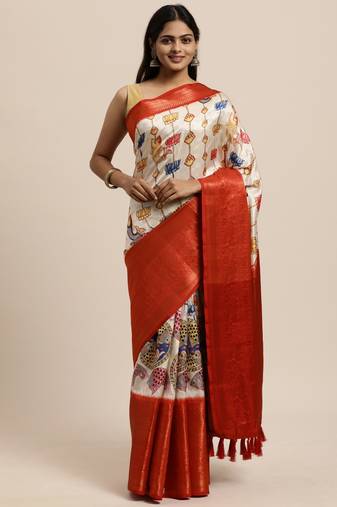 Beautiful Off White Color Kalamkari Digital Print Saree With Heavy Rich Zari & Red Color Blouse