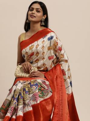 Beautiful Off White Color Kalamkari Digital Print Saree With Heavy Rich Zari & Red Color Blouse 2