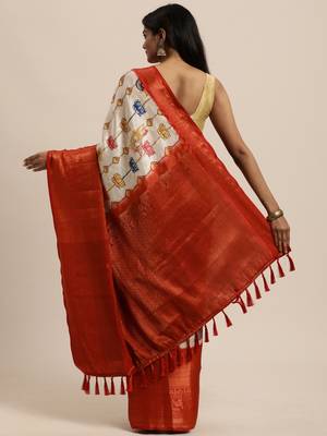 Beautiful Off White Color Kalamkari Digital Print Saree With Heavy Rich Zari & Red Color Blouse 3