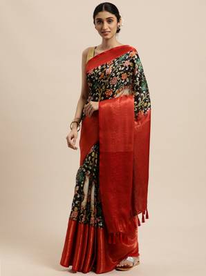 Beautiful Black Color Kalamkari Digital Print Sareewith Heavy Rich Zari & Red Color Blouse 1