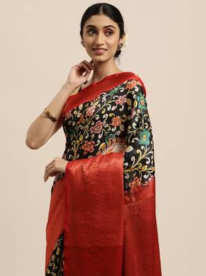 Beautiful Black Color Kalamkari Digital Print Sareewith Heavy Rich Zari & Red Color Blouse 2