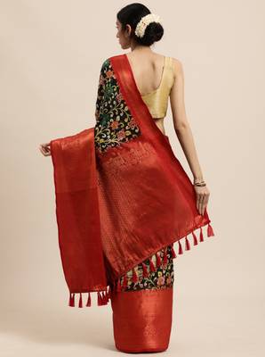 Beautiful Black Color Kalamkari Digital Print Sareewith Heavy Rich Zari & Red Color Blouse 3