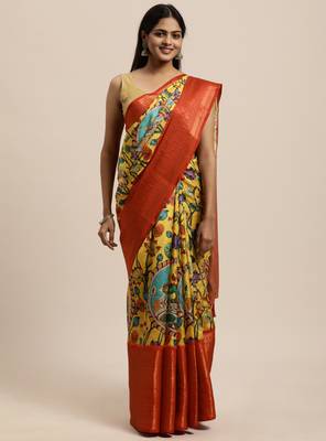 Beautiful Yellow Color Kalamkari Digital Print Sareewith Heavy Rich Zari & Red Color Blouse 1