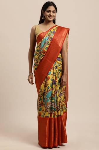 Beautiful Yellow Color Kalamkari Digital Print Sareewith Heavy Rich Zari & Red Color Blouse