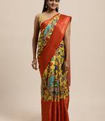 Beautiful Yellow Color Kalamkari Digital Print Sareewith Heavy Rich Zari & Red Color Blouse