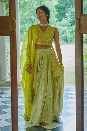 Electric Yellow Paakhi Lehenga Set