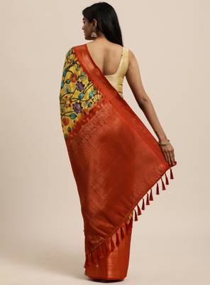 Beautiful Yellow Color Kalamkari Digital Print Sareewith Heavy Rich Zari & Red Color Blouse 3