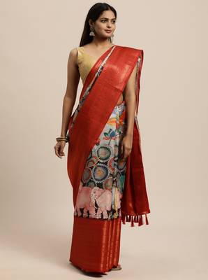 Beautiful Kalamkari Digital Print Sareewith Heavy Rich Zari & Red Color Blouse 1
